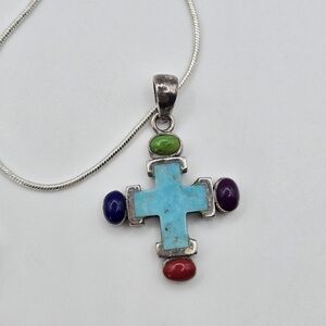 925 SE Thailand Sterling Multicolor Gemstone Turquoise Cross Pendant Necklace